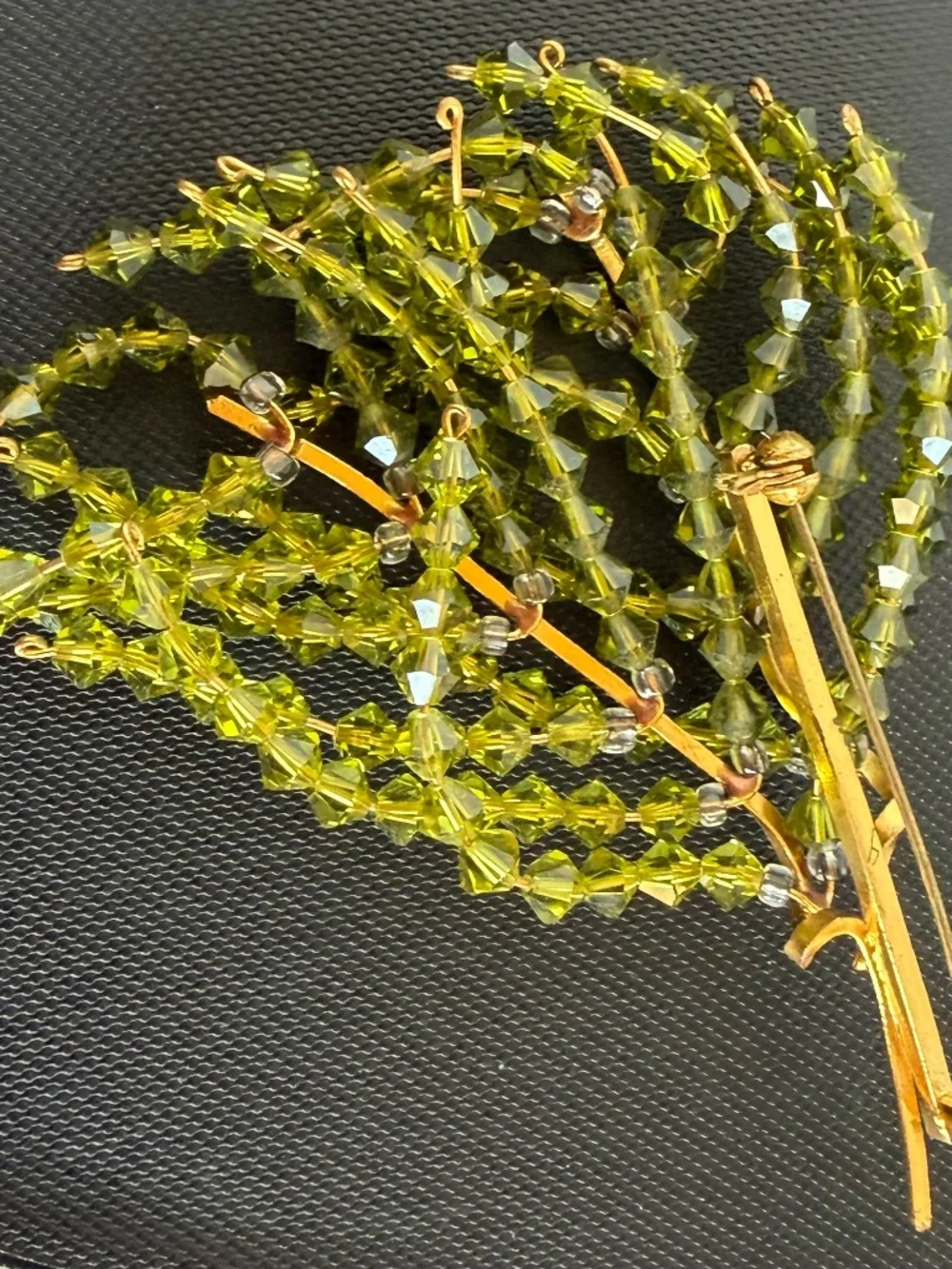 Vintage Suncatcher Brooch with Strands of Faceted Olivine-Colored Glass Beads